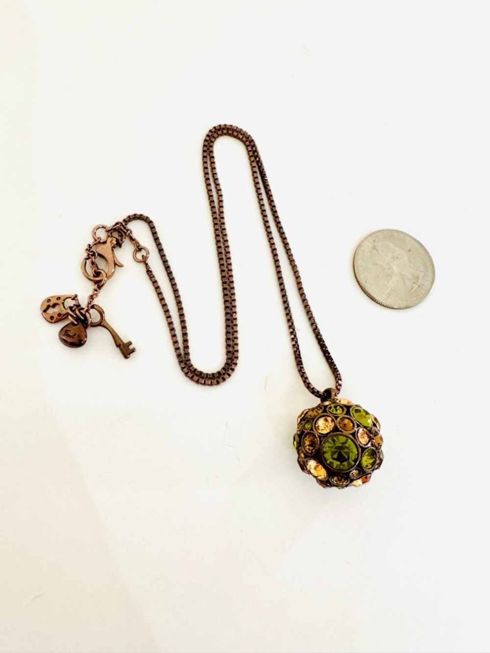 Crystal Orb Pendant Necklace in Green Amber Copper Chain Fossil